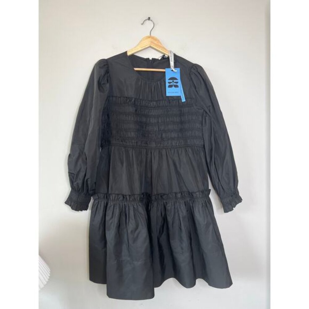 NWT Hunter Bell Arley Smocked Full Skirt Ruffle Puffed-Sleeve Black Mini Dress - Picture 2 of 8